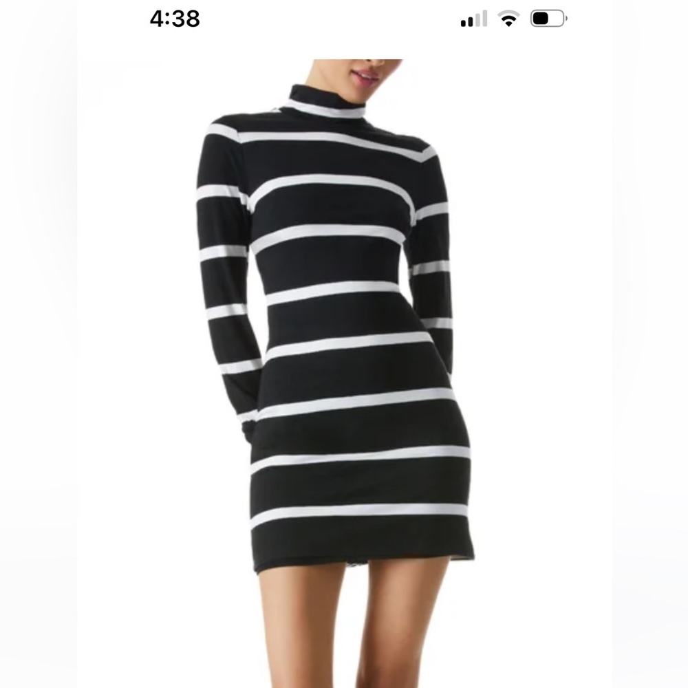 Alice & Olivia Delora Mock Neck Mini dress in Modern Stripe.